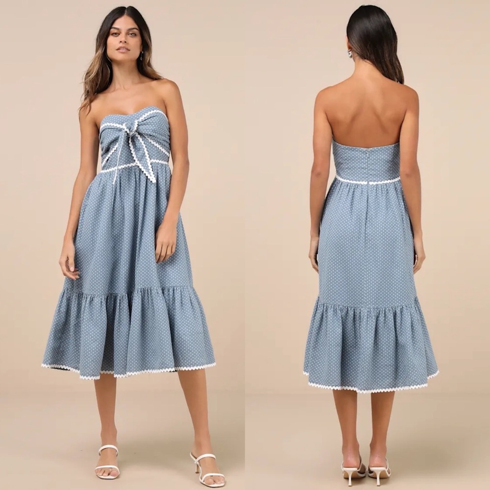 Lulus Delightful Design Dusty Blue Polka Dot Midi Dress With Pockets